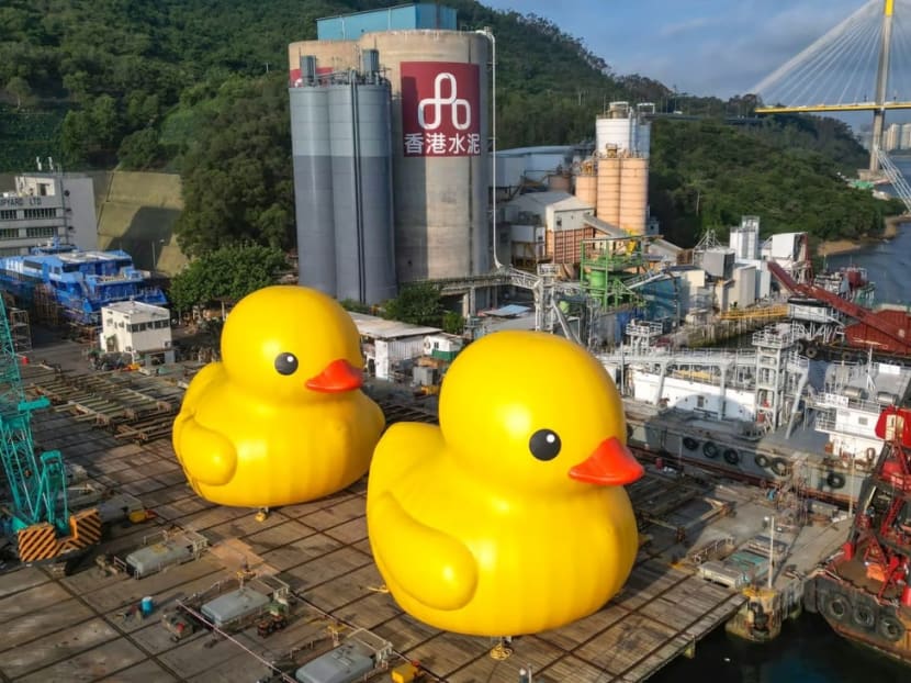 Two giant rubber ducks are being inflated at a dock in Hong Kong Shipyard at Tsing Yi.