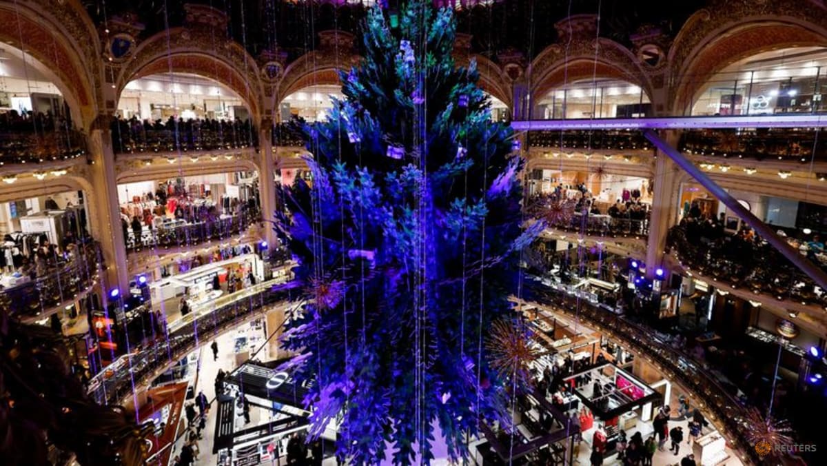 Paris workers disrupt Galeries Lafayette Christmas treelighting