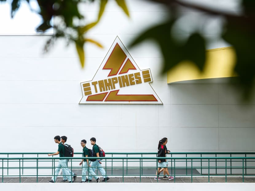 Students from Tampines Junior College walking along the linkway bridge that links one wing of the school to another. This bridge is nicknamed the TPE.  Photo: Najeer Yusof/TODAY