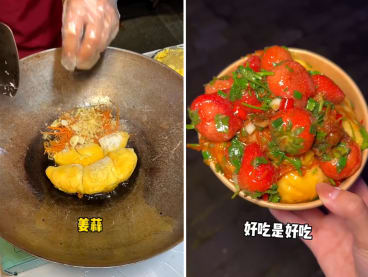Screenshots from a video showing a hawker in China stir-frying durian (left) with garlic and adding strawberries to the mix (right).