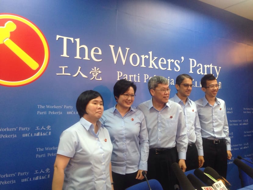 The Workers' Party unveiled its final batch of candidates on Aug 31, 2015. They are Frieda Chan, 39 (far left), Mr Leon Perera, 44 (second from right) and Mr Bernard Chen, 29 (far right). Photo: Alfred Chua