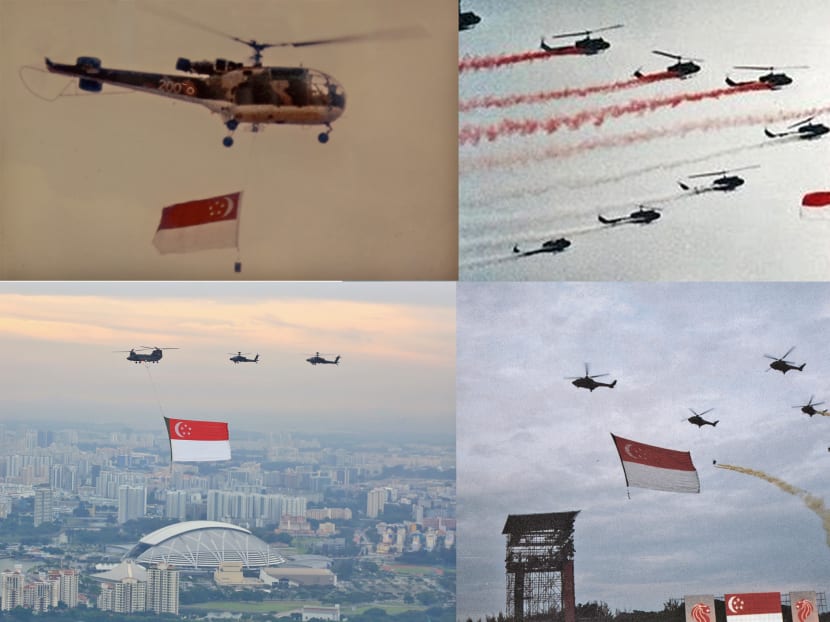 The various flypasts of the state flag as seen at the National Day Parades. Photos: MINDEF, TODAY file photos