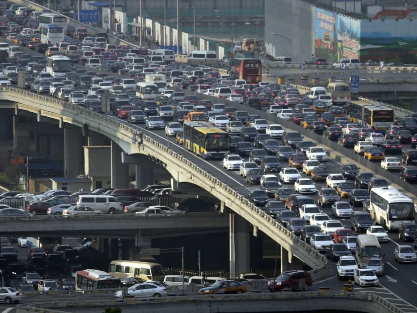 Lines of cars pictured during a rush hour traffic jam on Guomao Bridge in Beijing.