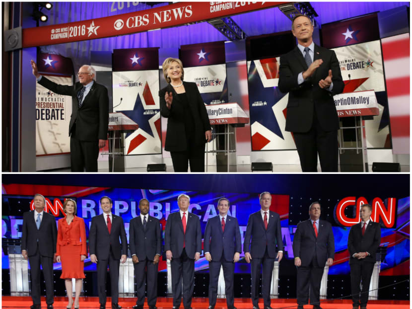 TOP PHOTO: Democratic U.S. presidential candidates Senator Bernie Sanders (L), former Secretary of State Hillary Clinton and former Maryland Governor Martin O'Malley. BOTTOM: Republican presidential candidates, from left, John Kasich, Carly Fiorina, Marco Rubio, Ben Carson, Donald Trump, Ted Cruz, Jeb Bush, Chris Christie, and Rand Paul. Photos: Reuters, AP