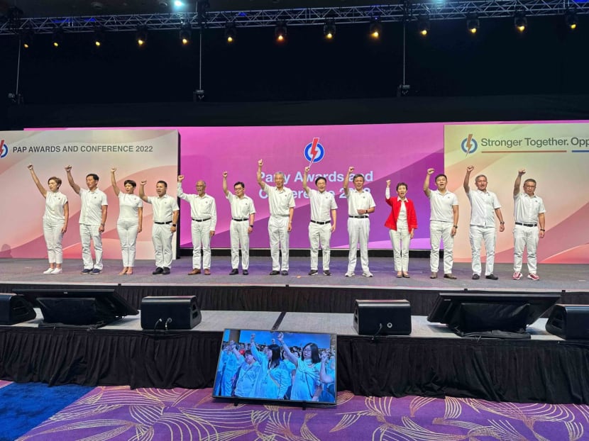 The newly elected PAP CEC (from left): Mrs Josephine Teo, Mr Ong Ye Kung, Ms Indranee Rajah, Mr Desmond Lee, Mr Masagos Zulkifli, Mr Heng Swee Keat, Mr Lee Hsien Loong, Mr Lawrence Wong, Mr Chan Chun Sing, Mrs Grace Fu, Mr Tan Chuan-Jin, Dr Vivian Balakrishnan and Mr Edwin Tong.