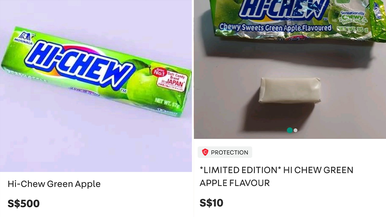 Listings on Carousell show Hi-Chew candy in green apple flavour being sold for as high as S$500 for an unopened pack of 12. Listings on Carousell show Hi-Chew candy in green apple flavour being sold for as high as S$500 for an unopened pack of 12.