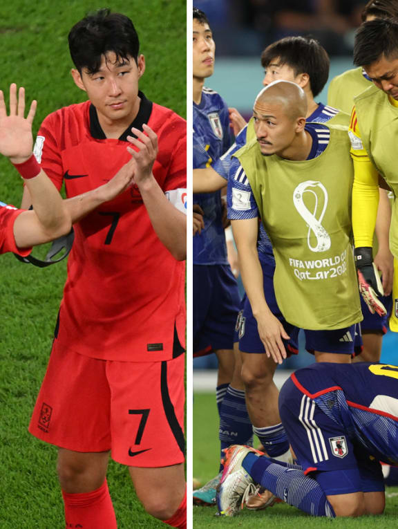 (Left) South Korea's Hwang Ui-jo and Son Heung-min applauding the fans at the end of their round-of-16 match against Brazil. (Right) Japan's players reacting to the team's defeat against Croatia on Dec 5, 2022.