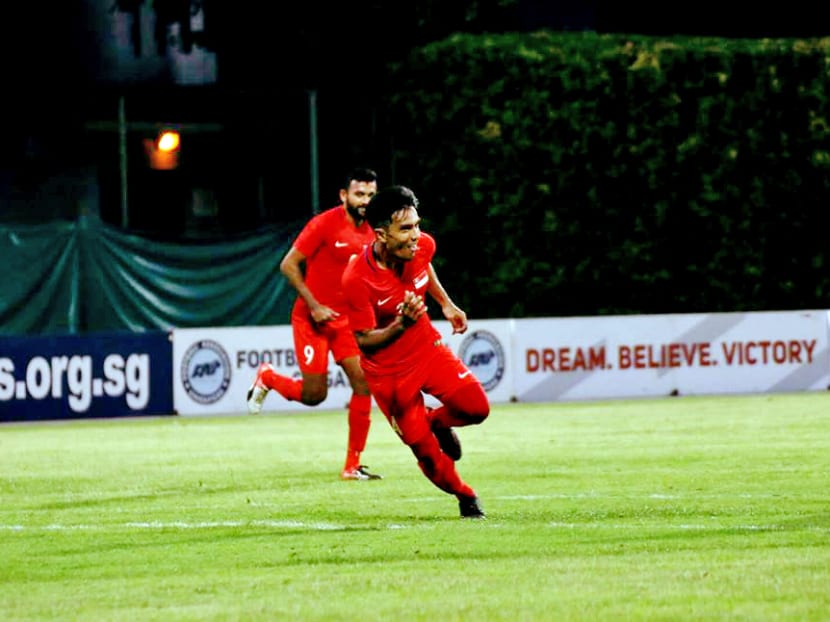 Yasir Hanapi celebrates after scoring the winner against Cambodia. Photo: Football Association of Singapore