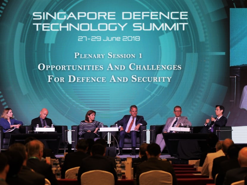 (From left) Dr Kathleen Hicks, BG(Ret) Dr Daniel Gold, IGA Caroline Laurent, Mr Jan-Olof Lind, Dr Brian Pierce and Mr Quek Gim Pew speak at a plenary session at the inaugural Singapore Defence Technology Summit.