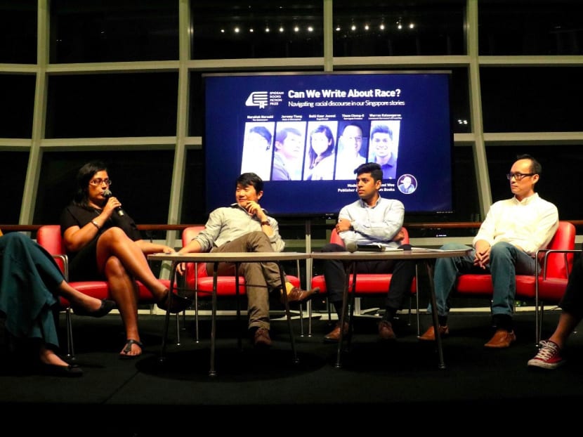 (From left to right:) Local authors Nuraliah Norasid, who won the Epigram Books Fiction Prize last year for her debut novel The Gatekeeper; Balli Kaur Jaswal known for her bestselling novel Erotic Stories for Punjabi Widows; Jeremy Tiang, author of State of Emergency; Warran Kalasegaran, who wrote Lieutenant Kurosawa’s Errand Boy, Tham Cheng-E, author of fantasy fiction Surrogate Protocol and Epigram Books CEO Edmund Wee. Photo: Jahiza Jamaludin