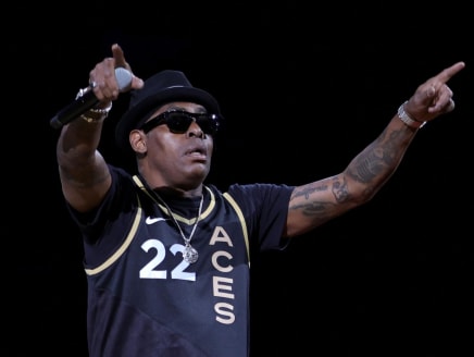 In this file photo taken on May 31, 2022, rapper Coolio performs at halftime during a basketball game at the Michelob Ultra Arena in Las Vegas, Nevada.