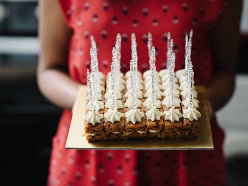 Sink your teeth into Lucia Cake's bite-sized Dessert-Table Carrot Cakes which comes pre-cut into 36 pieces. Photo: Lucia Cakes
