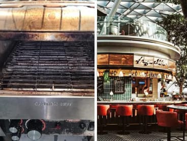 Burger & Lobster, a restaurant at Jewel Changi Airport (right), was found to have food safety and hygiene lapses, including a badly burnt and stained toaster oven (left).