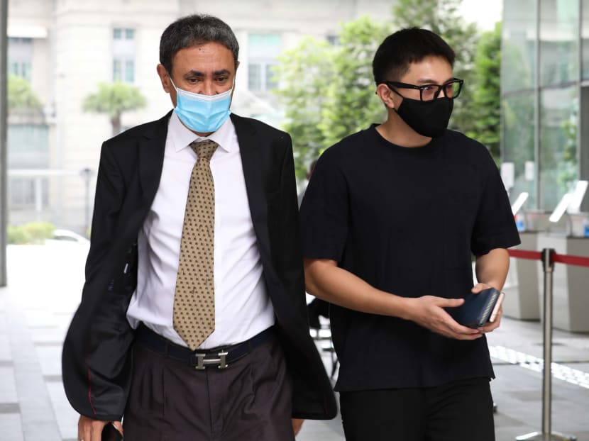 Actor Shane Pow (right) arrives at State Courts on April 22, 2021.