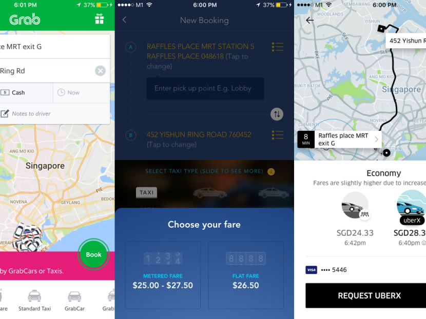 Compilation of screenshots show the prices offered on (from left) Grab's JustGrab, ComfortDelGro's flat fare option, and Uber's UberX at 6pm on April 10, 2017. The new flat fare option was the cheapest at the peak hour.