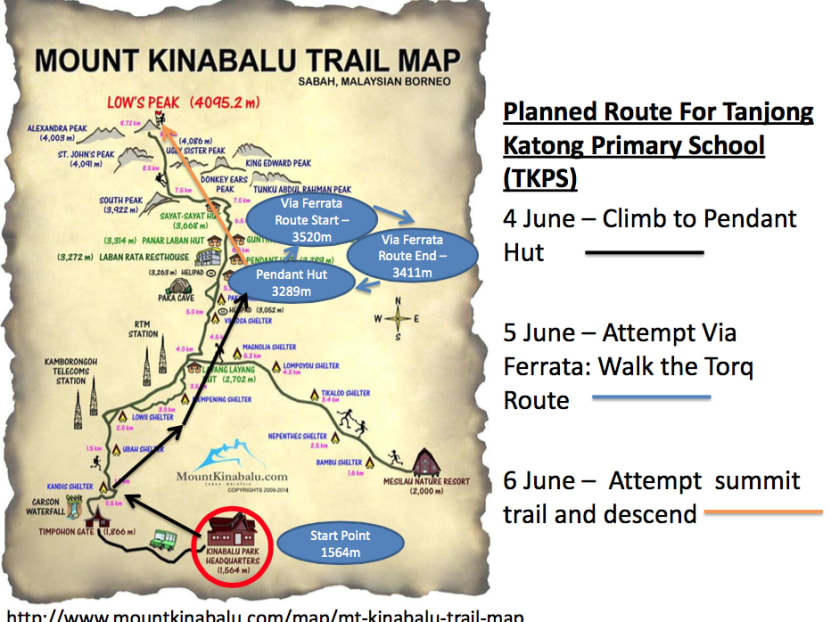 Mount Kinabalu trail map showing the planned route for Tanjong Katong Primary School. Source: http://www.mountkinabalu.com via MOE