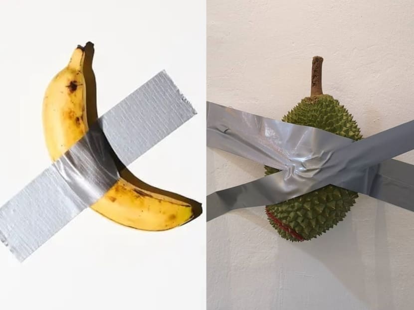 A Singaporean durian seller came up with his own version of Italian artist Maurizio Cattelan's ‘duct-taped banana’ artwork (left) using durian.