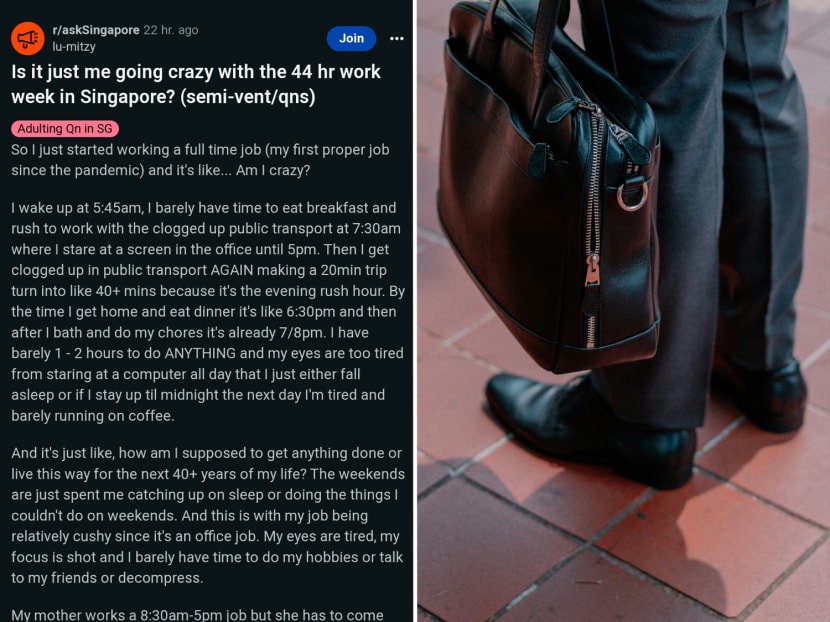 A junior employee's rant on the challenges of adapting to a 44-hour work week has renewed discussion on Singapore's work culture among Reddit users. A junior employee's rant on the challenges of adapting to a 44-hour work week has renewed discussion on Singapore's work culture among Reddit users.