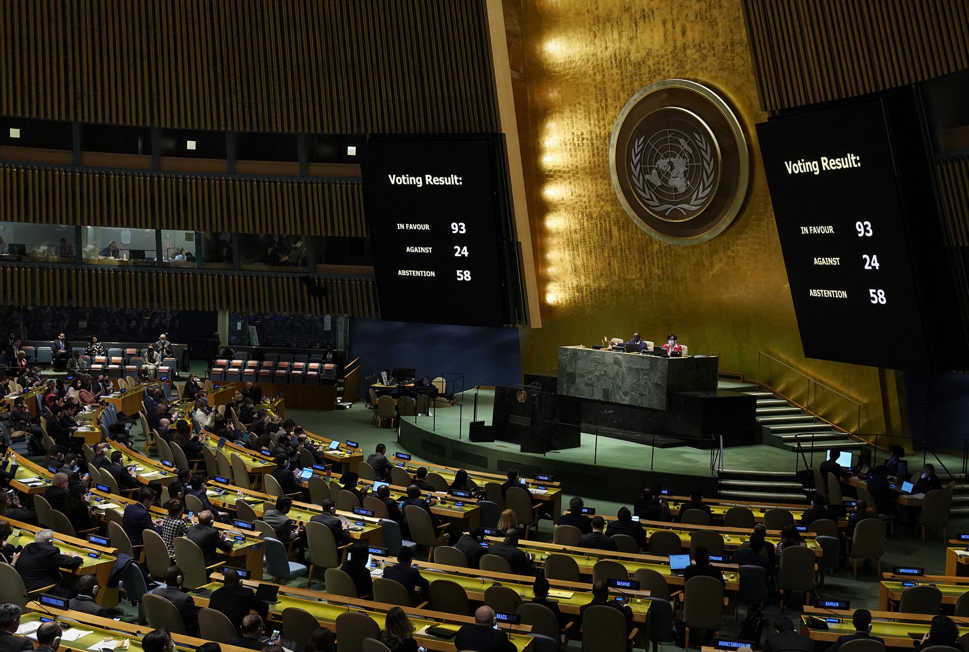 The vote on the resolution to suspend Russia from the UN Human Rights Council at the UN General Assembly in New York on April 7, 2022.