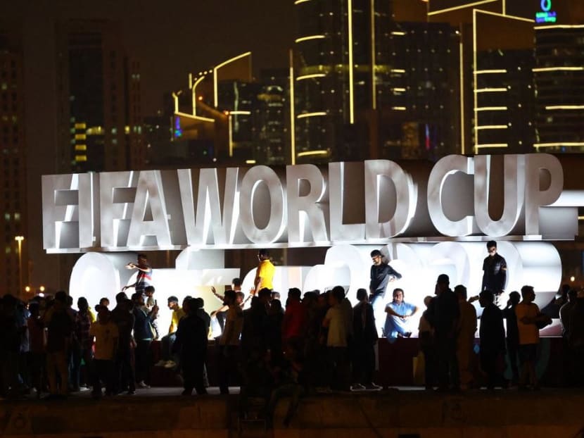 The Fifa World Cup logo is pictured on the Corniche Promenade ahead of the Fifa World Cup Qatar 2022. The Fifa World Cup logo is pictured on the Corniche Promenade ahead of the Fifa World Cup Qatar 2022.