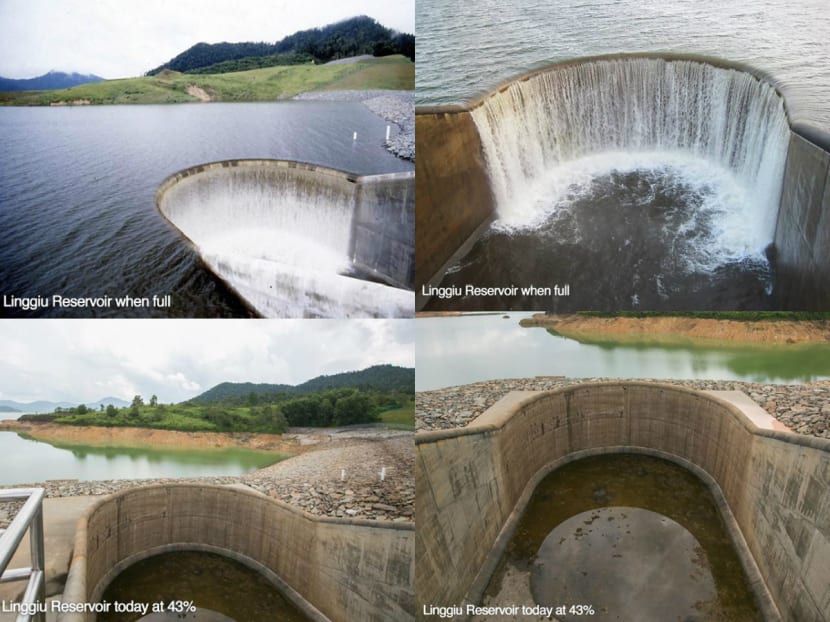 Linggiu Reservoir when full (above) and at 43 per cent (below). Photo: Masagos Zulfikli/Facebook
