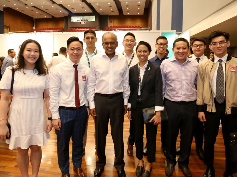 Law and Home Affairs Minister K Shanmugam (front row, third from left) and Mr Amrin Amin (front row, second from right), Senior Parliamentary Secretary of Home Affairs, with youth anti-drug advocates.