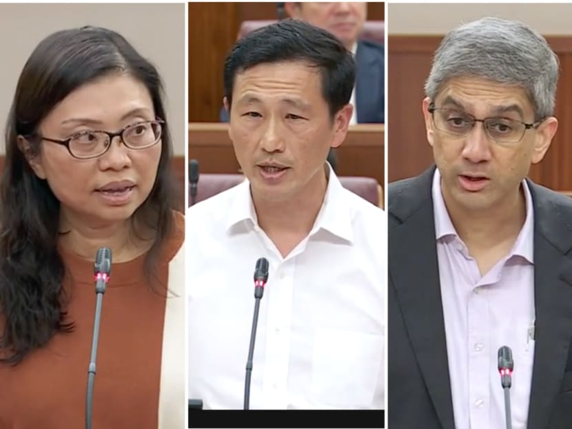 From left: Ms Hazel Poa, Mr Ong Ye Kung and Mr Leon Perera speaking in Parliament on April 20, 2023.