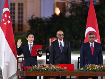 Singapore's new prime minister, Mr Lawrence Wong (left), at a swearing-in ceremony on May 15, 2024, alongside President Tharman Shanmugaratnam (centre) and Chief Justice Sundaresh Menon (right).