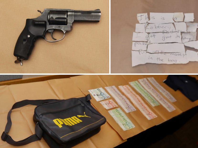 Items seized by the police in an armed robbery that happened on April 12, 2021: Firearm (top left), the note a man gave to a shop employee (top right), and the bag the man was carrying as well as the stolen cash (bottom).