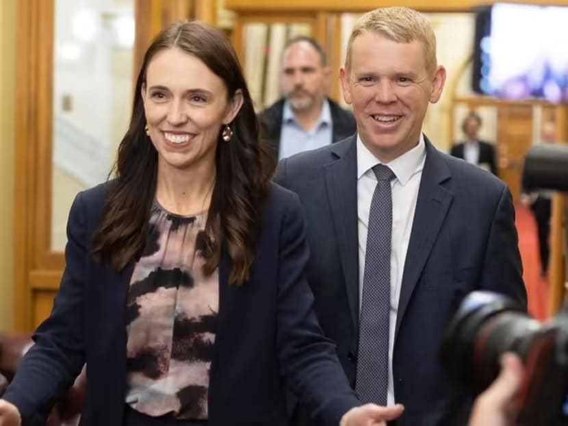 New Zealand Prime Minister Jacinda Ardern and Chris Hipkins arrive at the Labour caucus meeting to elect a new premier at Parliament in Wellington on Jan 22, 2023.
