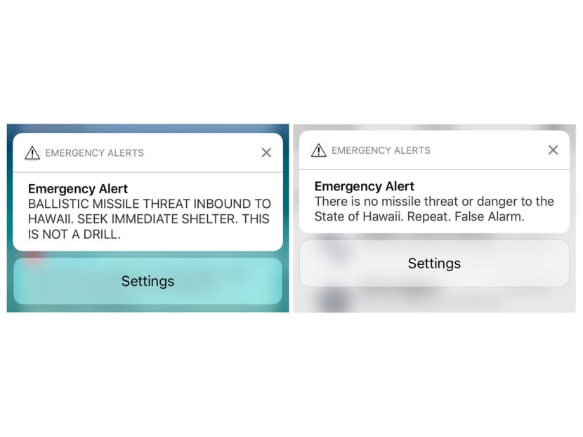A combination photograph shows screenshots from a cell phone displaying an alert for a ballistic missile launch and the subsequent false alarm message in Hawaii. Photo: Reuters