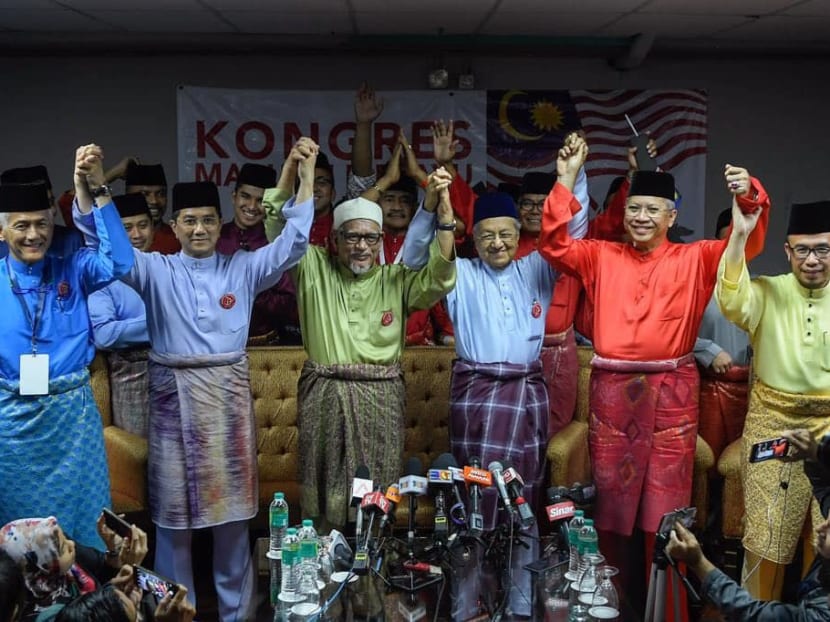 Malaysian Prime Minister Mahathir Mohamad, flanked by Umno secretary-general Annuar Musa (right, in red) and PAS president Hadi Awang (left), at the Malay Dignity Congress on Sunday (Oct 6).