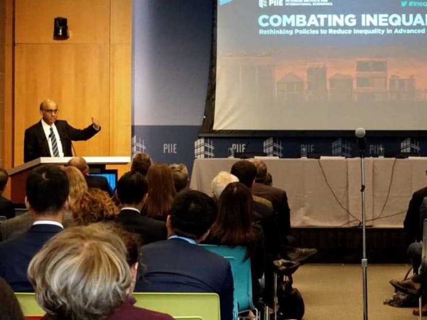 Senior Minister Tharman Shanmugaratnam speaking at the Peterson Institute for International Economics' Combating Inequality: Rethinking Policies to Reduce Inequality in Advanced Economies conference in Washington DC on Oct 18, 2019. Senior Minister Tharman Shanmugaratnam speaking at the Peterson Institute for International Economics' Combating Inequality: Rethinking Policies to Reduce Inequality in Advanced Economies conference in Washington DC on Oct 18, 2019.