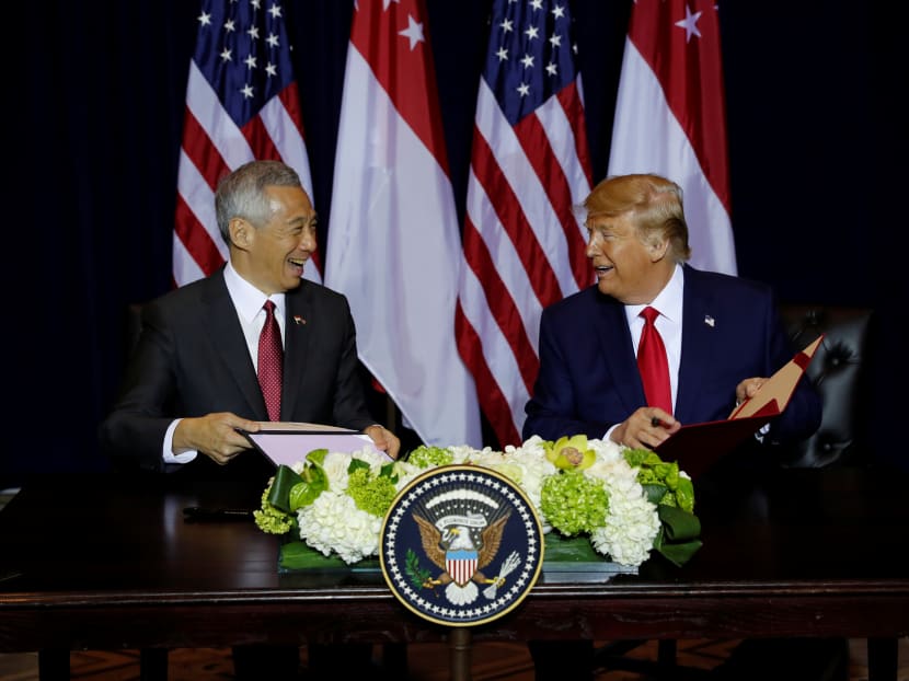 PM Lee and President Trump at the Sept 23 signing of the extension of the defence agreement allowing US air and naval forces to use Singapore’s bases.