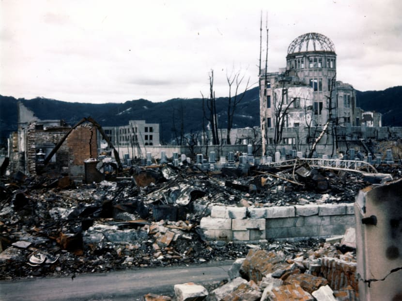The gutted Hiroshima Prefectural Industrial Promotion Hall is seen after the atomic bombing of Hiroshima, Japan, on Aug 6, 1945, in this handout photo taken by the US army. Photo: Reuters