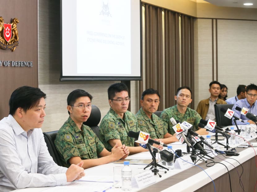 (Left to right) Mr Lee Chung Wei, director of manpower at the Ministry of Defence and secretary of the Armed Forces Council; Major-General Goh Si Hou, Chief of Army; Lieutenant-General Melvyn Ong, Chief of Defence Force; Colonel Terry Tan, Commander of the SAF’s Combat Service Support Command and Colonel (Dr) Edward Lo, Chief Army Medical Officer, speaking at a press conference on Aloysius Pang's death.