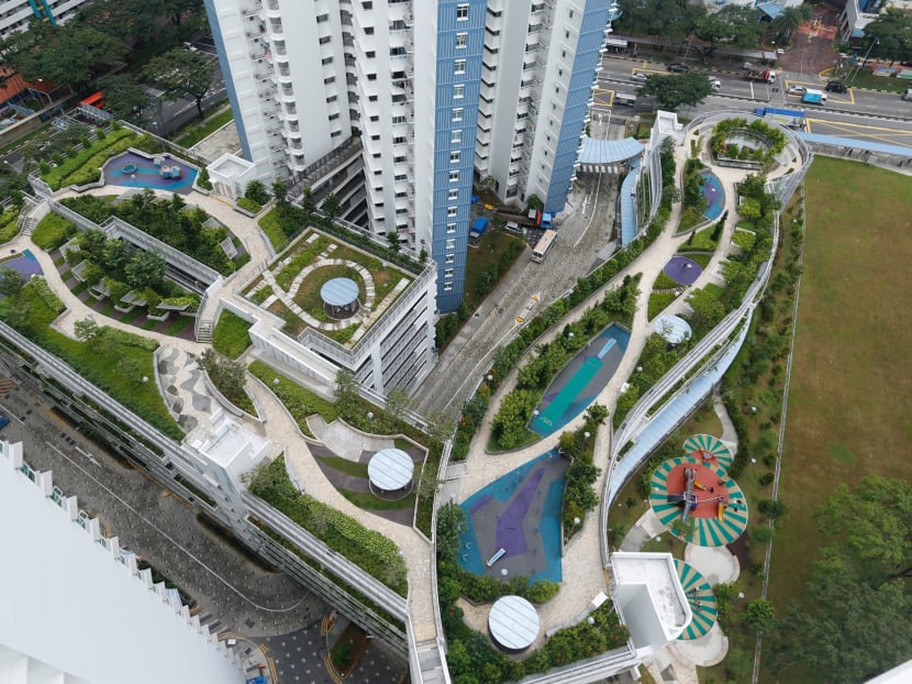 Kallang Trivista, a public housing development comprising three blocks of 808 homes, was also awarded the Universal Design award (Gold PLUS), with facilities and spaces that catered to all age groups. Photo: Najeer Yusof/TODAY