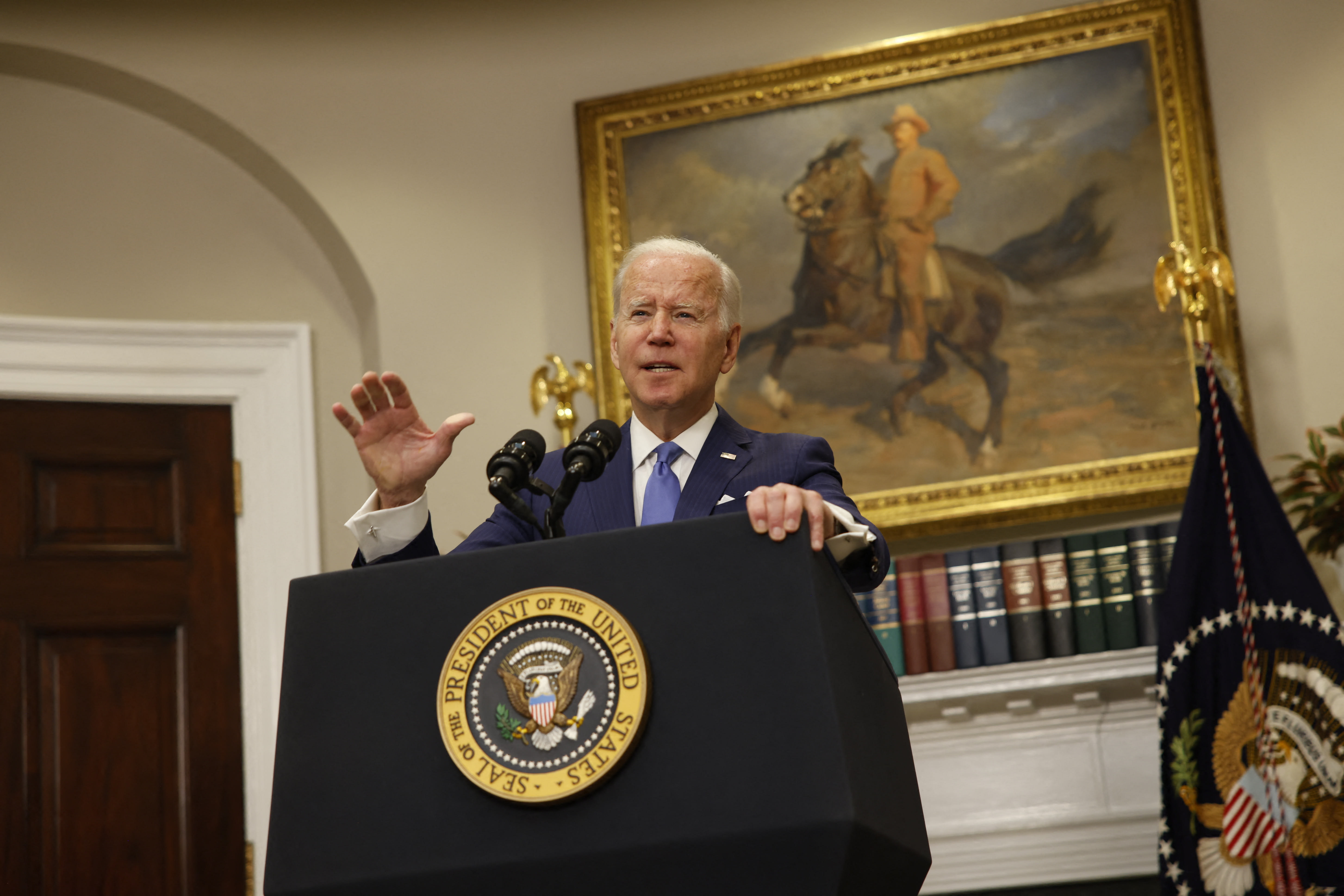 US president Joe Biden speaks in the Roosevelt Room of the White House in Washington DC on Thursday, April 28, 2022.