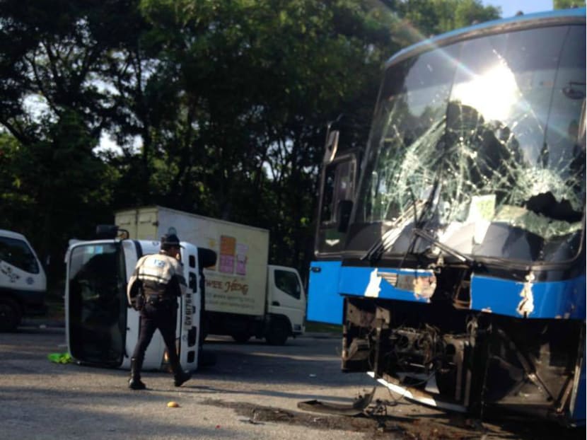 A photo of the traffic accident along Woodlands Ave 12 on Thursday morning (April 21) sent by TODAY reader Mr Chen.