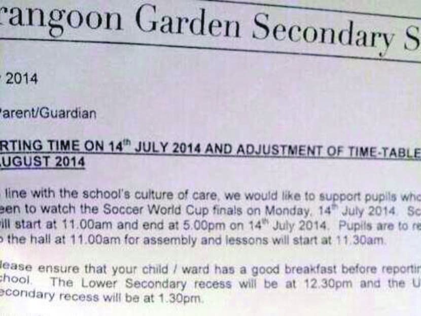 A circular by Serangoon Garden Secondary School addressing parents and guardians of its students sent yesterday. Photo: Twitter user ZUEN
