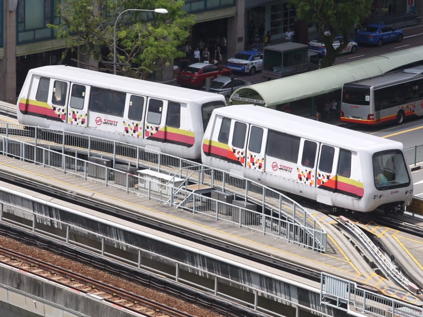 A view of an SMRT LRT train leaving Choa Chu Kang LRT Station.
