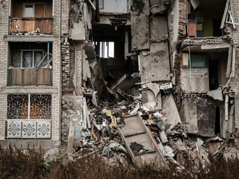 A destroyed apartment remains in the frontline town of Bakhmut in the Donetsk region on Oct 11, 2022, amid the Russian invasion of Ukraine. A destroyed apartment remains in the frontline town of Bakhmut in the Donetsk region on Oct 11, 2022, amid the Russian invasion of Ukraine.