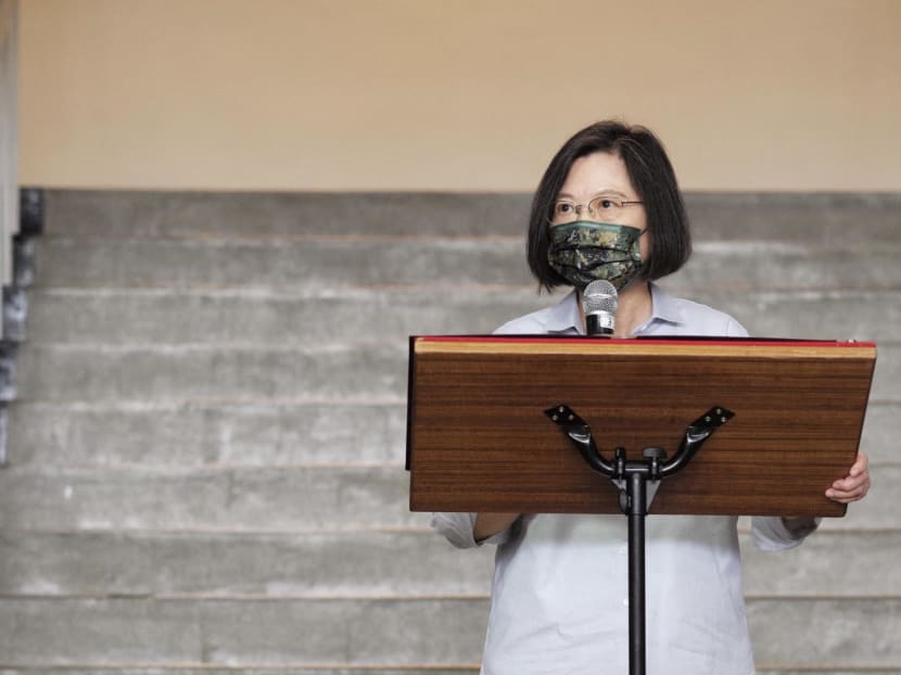 Taiwan President Tsai Ing-wen speaks at a navy base while inspecting military troops on Penghu islands on Aug 30, 2022.