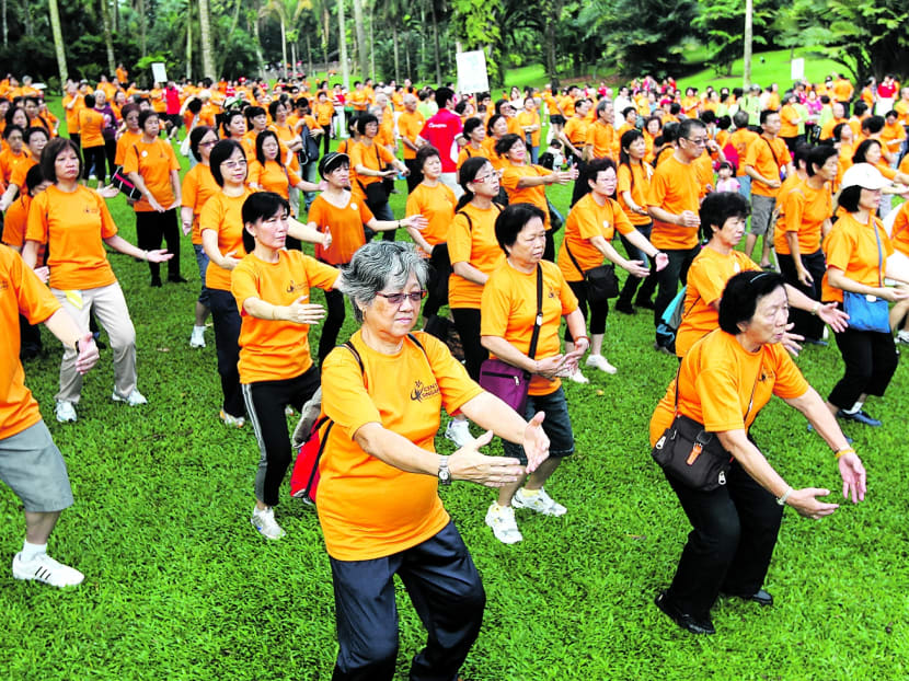 Senior citizens in a mass qigong event at Singapore Botanic Gardens. TODAY file photo