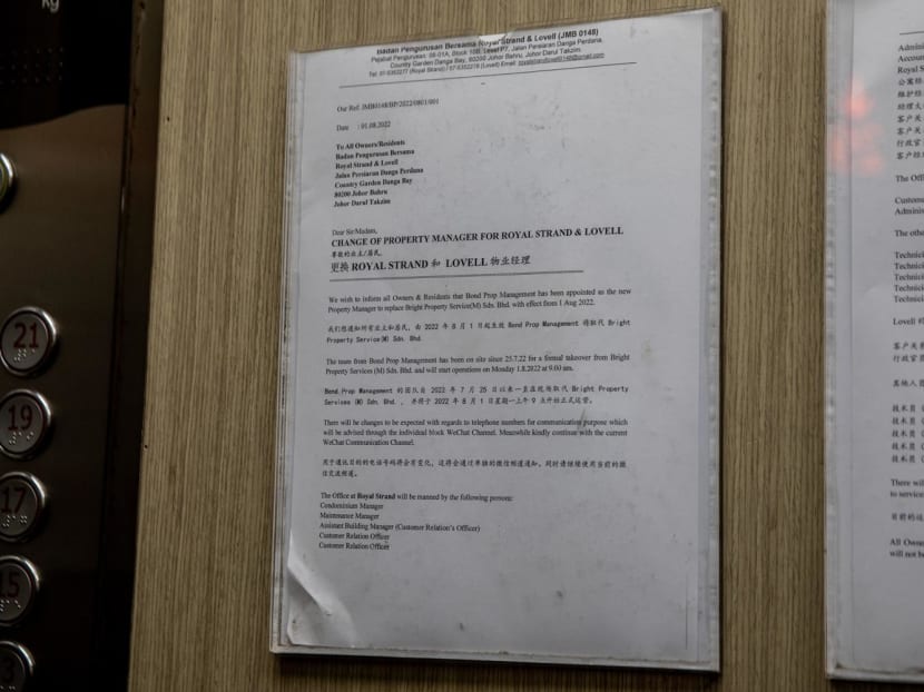 A notice seen in a lift informing residents of the change of property manager for Royal Strand and Lovell building at Country Garden Danga Bay in Johor Bahru on Aug 3, 2022. A notice seen in a lift informing residents of the change of property manager for Royal Strand and Lovell building at Country Garden Danga Bay in Johor Bahru on Aug 3, 2022.