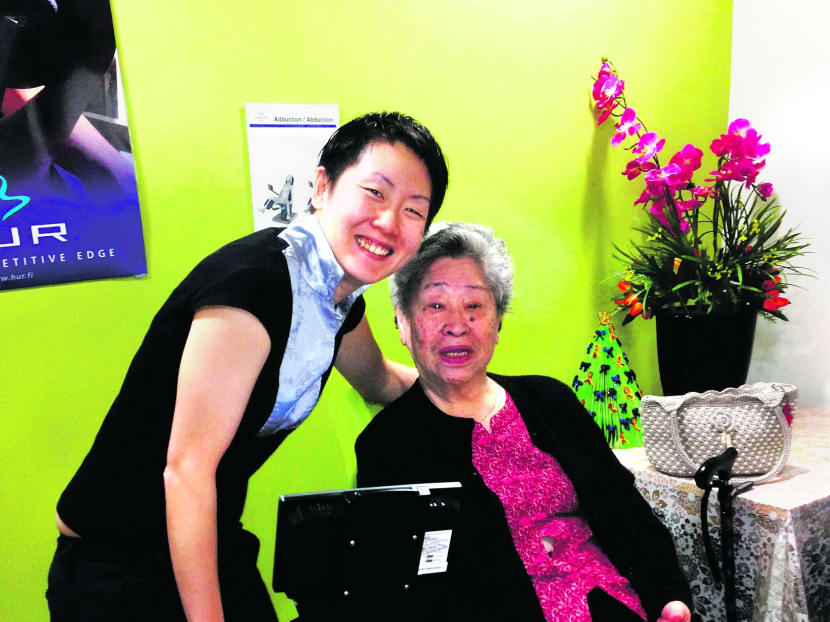 The writer and her grandmother Mary Ong, 81, at a seniors fitness programme trial at The Salvation Army Hope Centre. Photo: Janice Chia