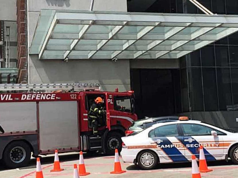 The scene outside Block MD6, which houses the Centre for Translational Medicine at the National University of Singapore. A fire broke out in a laboratory there on March 26, 2019, but it was put out before the Singapore Civil Defence Force arrived.