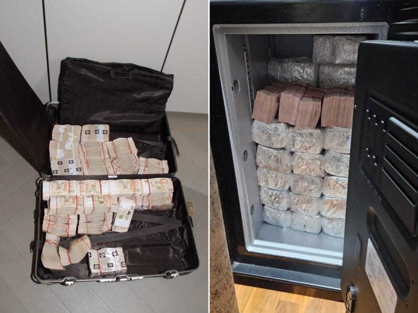 Photos of cash that was seized by the police on Aug 15, 2023. 