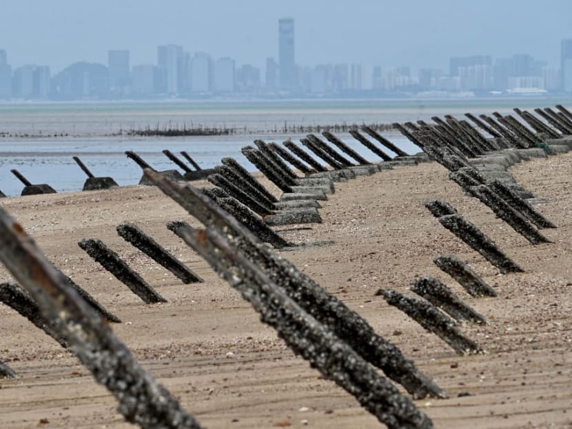 This photo taken on Oct 20, 2020 shows anti-landing spikes placed along the coast of Taiwan's Kinmen islands, which lie just 3.2km from the mainland China coast (in background) in the Taiwan Strait.