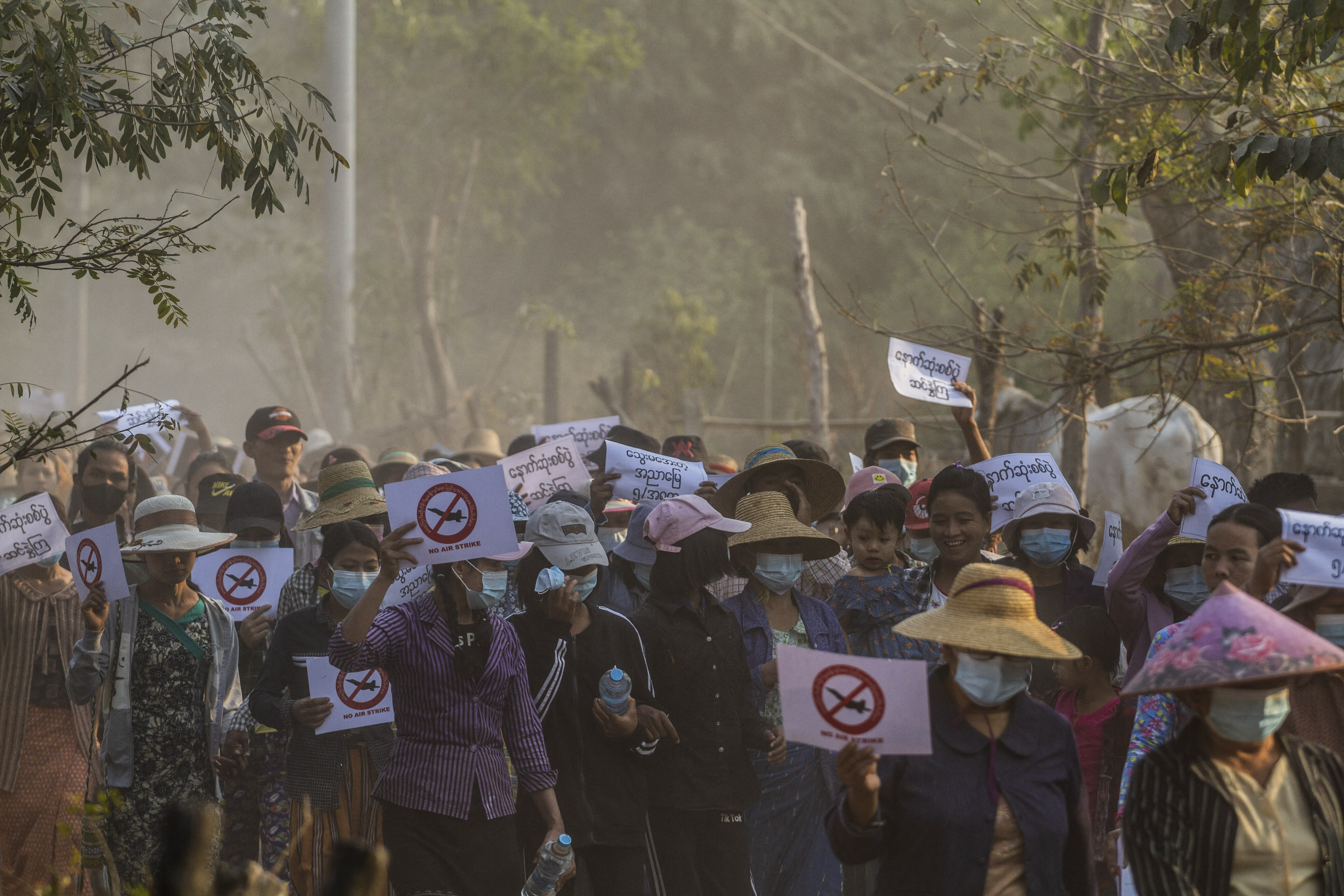 Photo taken on Feb 13, 2022 shows protesters marching during a demonstration against the military coup in Ayadaw Township, in Monywa District in the Sagaing Division of Myanmar.